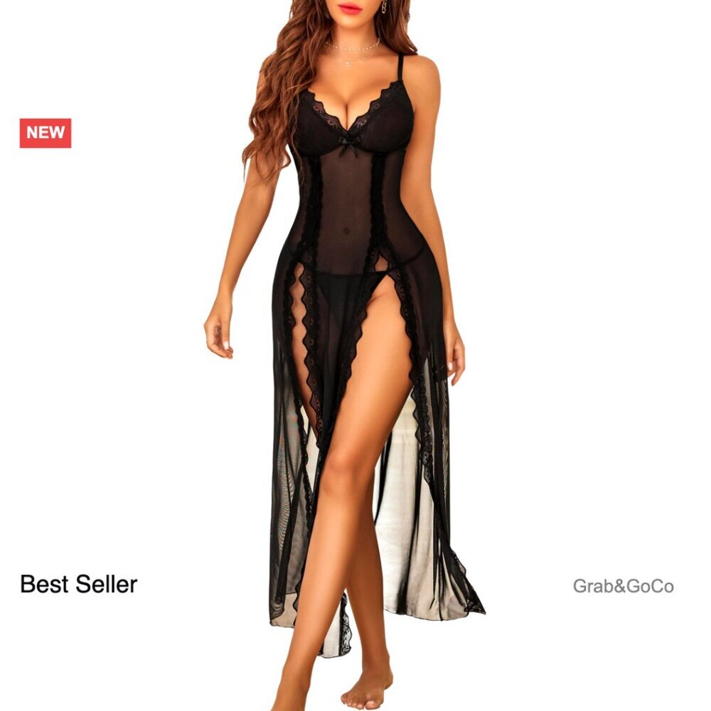 Lace Mesh Babydoll Chemise Sexy Nightgown V Neck Adjustable Straps Elegant